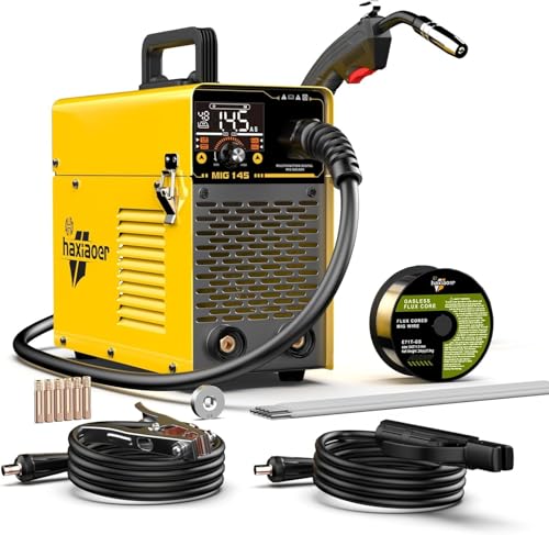 Image of HAXIAOER 145A MIG Welder, 110V Flux Core MIG Welder/Lift TIG/Stick 3 In 1 Multiprocess Welding Machine With Synergy LCD Digital Display, Portable Inverter Welder Equipment Kit