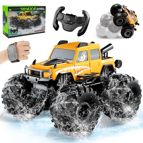 Toyzy Coche Teledirigido Anfibio para Niños 6 12 Años, Todo Terreno RC 4x4 con Sensor de Gestos, Carro Criança Juego Exterior para Jardín, Arena, Agua Regalo Cumpleaños para Niño Niña (Amarillo)