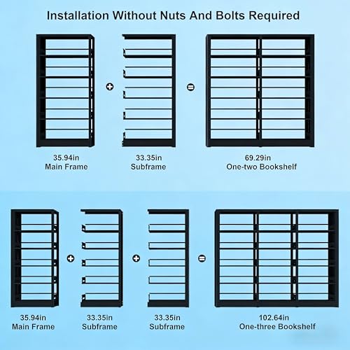 Image of Heavy Duty Metal Bookshelf, 5-Tier Industrial Bookcase with Adjustable Shelves, Large Storage Bookshelf for Living Room, Office, Library, 69 inch H x 102.6 inch W, Black