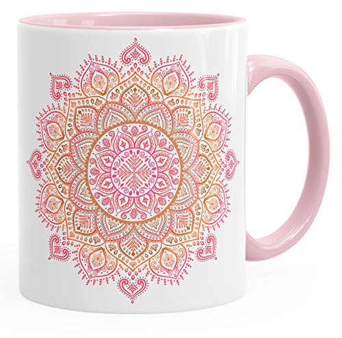 Autiga Kaffee-Tasse Mandala Ethno Boho Kaffeetasse Teetasse Keramiktasse mit Innenfarbe rosa unisize