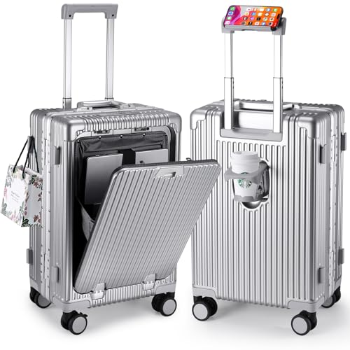 MRPLUM Front Pocket Carry On Luggage,PC Hardside Spinner Wheel Suitcase with TSA Lock,Cup Holder,Phone Holder&USB Charging Port,Silver(1 Piece)