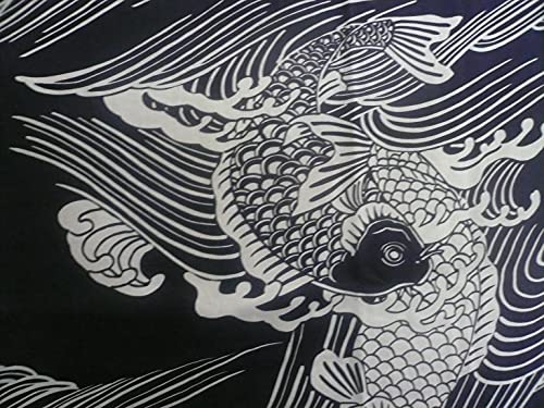 Japanese 61" L Kimono Cotton Yukata KOI Fish Pattern/Made in Japan Navy, White2