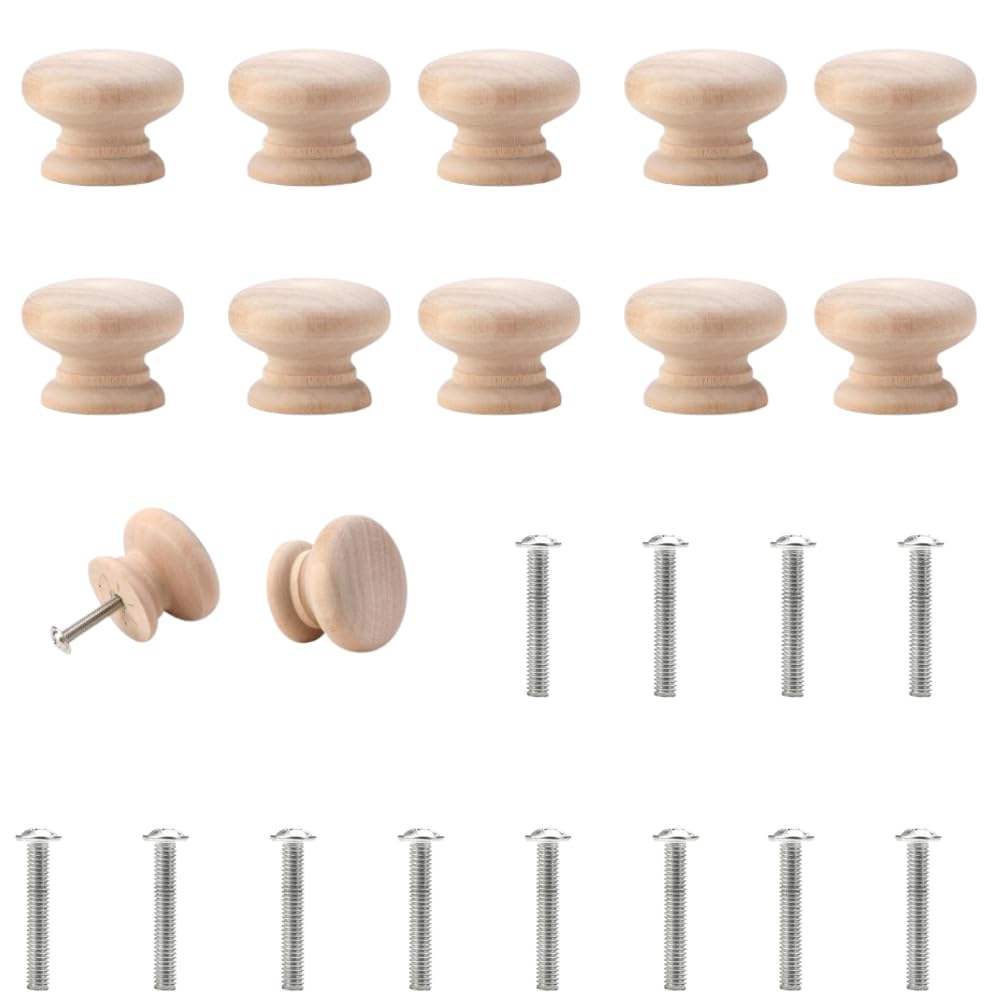 SISI UK Solid Pine Wood Cabinet Knobs with Screws 50mm Mushroom Drawer Knobs Door Pull Handles for Kitchen Cupboards & Wardrobe Doors Pack of 12