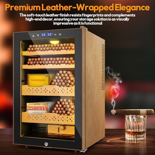 Image of 70L Upgraded Electric Humidor with Leather, 400 Counts Large Capacity,Thermostatic Electric Cooler Cabinet with Digital LED Screen, Safety Lock,Smart Humidity & Temp Control, Gifts for Men