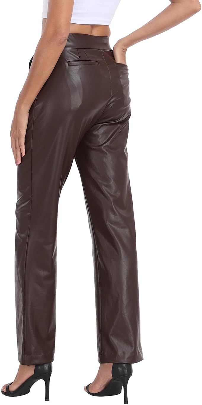 HDE Women's Pull On Faux Leather Kick Flare Pants High Waisted Pant with Pockets - Image 5
