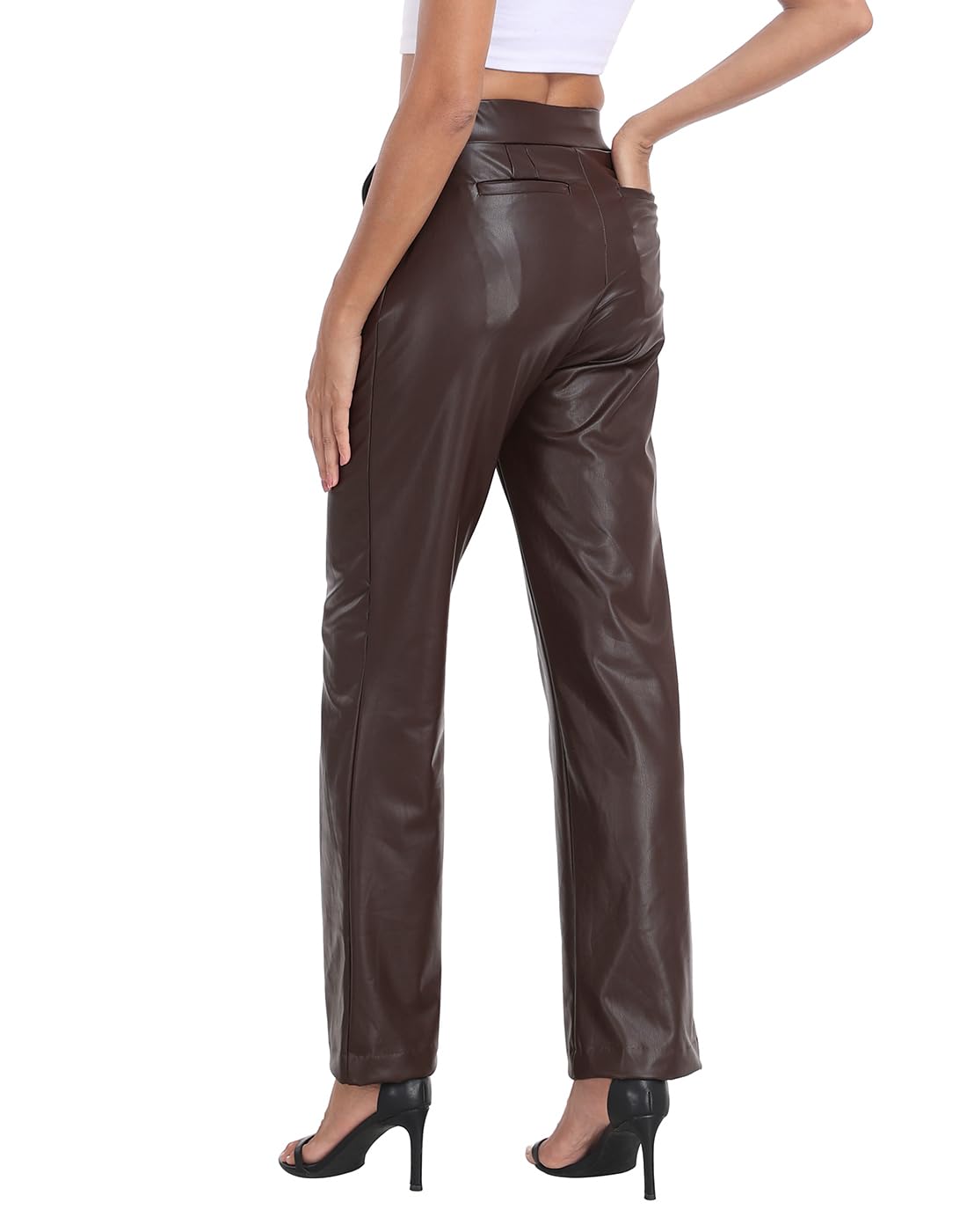 HDE Damen-Schlupfhose aus Kunstleder, hohe Taille, mit Taschen