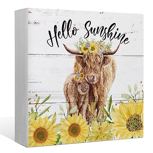 Image of Hello Sunshine Summer Sunflower Cow Wood Box Sign Desk Decor,Rustic Summer Wooden Block Sign Decorations for Home Girls Kids Room Office Wall Tabletop Shelf Decor