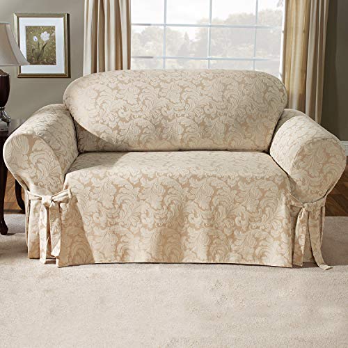 Surefit Home Décor Sf24986 Scroll Damask Box Cushion Loveseat Cover, Relaxed Fit, Cotton/Polyester, Machine Washable, One Piece, Champagne Color #TOP1