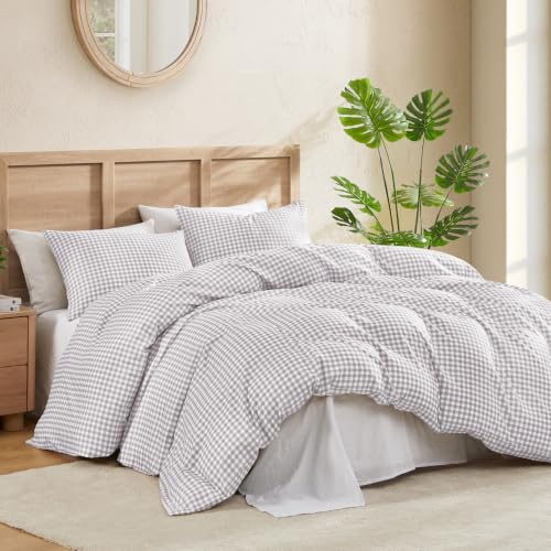 Image of Andency Gingham Duvet Cover Full Size, Light Grey Checkered Plaid Bedding Set, 3 Pieces Soft Prewashed Microfiber Comforter Cover with Zipper Closure & Corner Ties