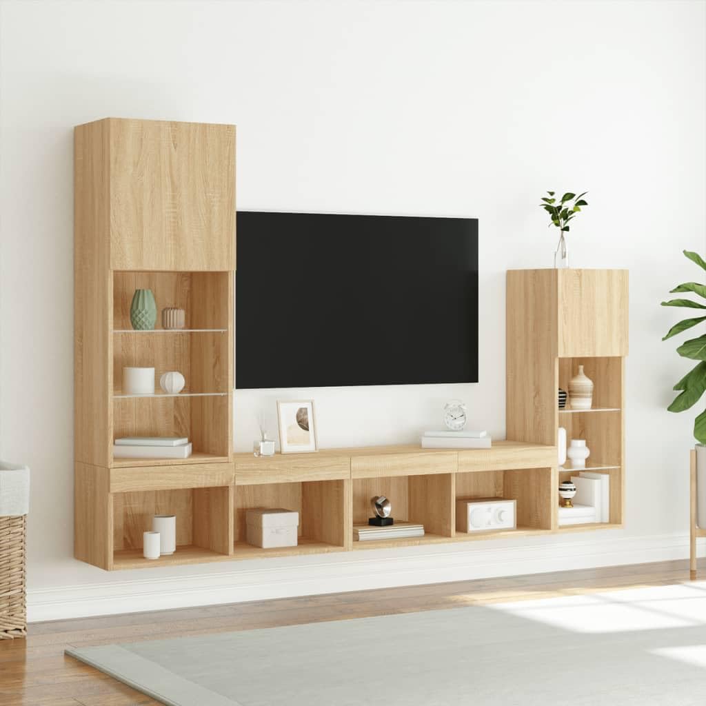 Zestaw ściennych mebli pod TV 4-częściowy z oświetleniem LED RGB, dąb sonoma, szafka wisząca RTV do salonu i biura, meblościanka z dużym miejscem do przechowywania książek i sprzętu multimedialnego