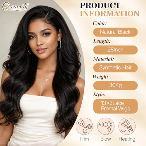 Image of Creamily 13x3 HD Synthetic Lace Front Wig,Pre Plucked Glueless Straight Wigs Natural,Heat Resistant Black Wig Soft Lightweight Synthetic Hair for Protective Styling Daily Wear