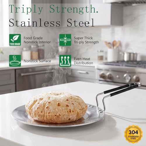 Image of HORNBILLS SAS Platinum Tri-Ply Stainless Steel Non-Stick Roti & Chapati Tawa | 25 cm, 4 mm Heavy Bottom | for Paratha & Thepla | Stay-Cool Handle | Gas & Induction Compatible | 5-Year Warranty