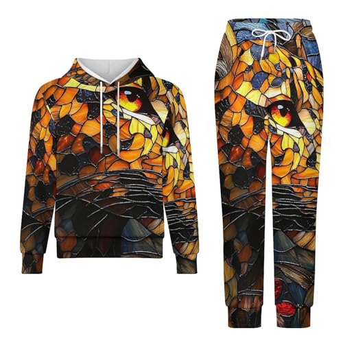 Boys Girls Sweatshirt Set Kid 2 Piece Pullover Hoodie Jogger Sweatpants, Leopard Stained Glass Art4