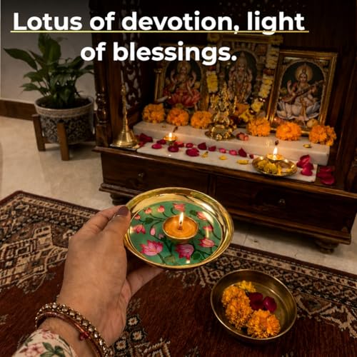 Image of Klassic 8 Inch Handcrafted Brass Thali /Aarti Plate | Lotus Design, Beautifully Embossed Colorful Decorative Plate for Puja /Worship, Aarti, Karwa Chauth, Navratri, Diwali Gifts | (Pack of 1)