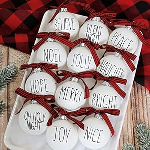 Christmas Ornaments – Set of 12 Shatterproof White Bulbs Adorned with Buffalo Plaid Bows – Rustic Farmhouse Christmas Tree Decorations for Xmas Tree Decor