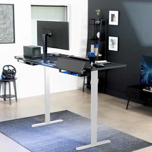 Image of VIVO Black 71 x 30 in Standing Desk, DESK-KIT-1W6-P3B-71 | Electric, Holds 220 lbs, Sit Stand, Height Adjustable, Cable Tray, Full-Size Mouse Pad, Office Furniture, White Frame