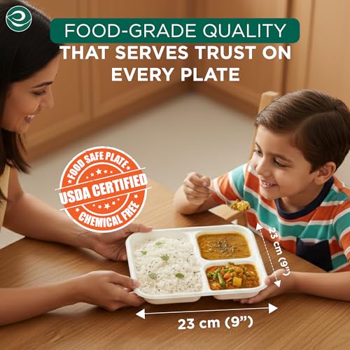 Image of ECO SOUL | 3 Compartment Bagasse Meal Tray | 9 Inch - Pack of 25 | Disposable Plates Big Size | Eco-Friendly, Microwave Safe, & Leak-Resistant | Ideal for Serving Meals and Catering