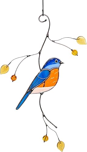 Gift Birds Handmade Stained Glass Suncatcher Genuine Stained Glass Window Hangings Unique Indoor Ornament & Outdoor Decor (BLUEBIRD)