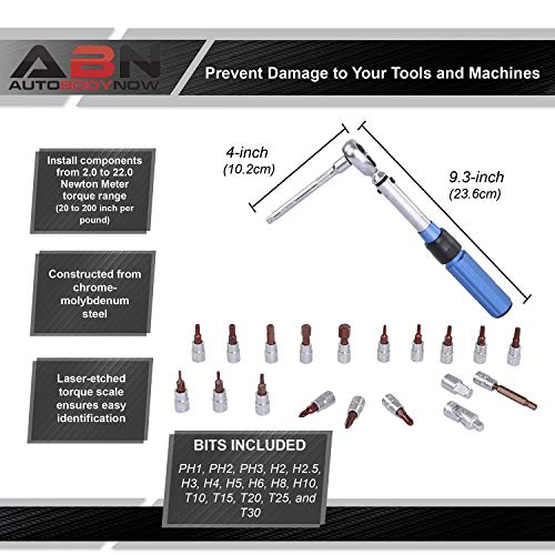 ABN 1/4IN Drive Click Torque Wrench Set, 23Pc - 2-22Nm Dual Direction 20-200 Inch Pound Torque Wrench and Bit Tool Set