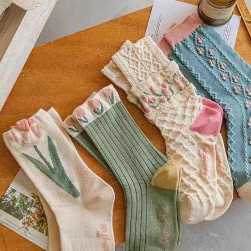 4 Pairs tulip Cute Socks, Women's Lace Ruffles Ankle Casual Sock, Cottagecore Breathable Mid Tube Socks, Floral Crew Socks3