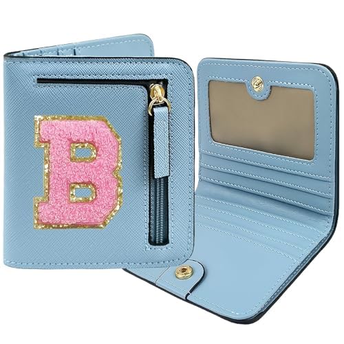 Image of COSHAYSOO Initial Wallet RFID Small Bifold Slim Letter Wallet for Women Teenager Girls Travel Daily Necessities Credit Cards Money Cash Coin Organizer, Blue pink, Compact, B