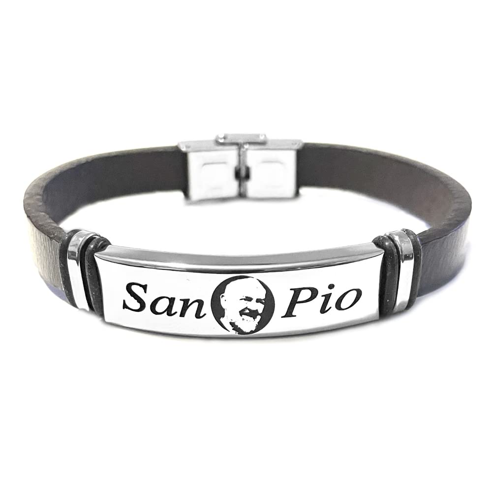 Bracciale San Padre Pio in Pelle e Acciaio Inox | Gioiello Religioso di Fede e Protezione | Braccialetto Uomo Donna Elegante e Resistente | Idea Regalo Spirituale bcc0323
