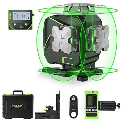 Huepar Bluetooth 4x360 Laser Level Set, LCD Green, Pulse Mode, 16 Lines Self-Leveling Cross Line Laser Level, Triple Power Supply (S04CG-5RG)