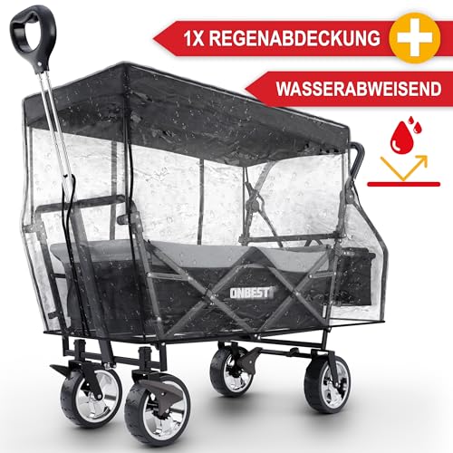 ONBEST Bollerwagen faltbar - Plus Regenschutz - Faltbollerwagen mit Dach 100 kg Zuladung – Sonnenschutz Dach – Kühltasche – Becherhalter – Outdoor – klappbarer Strandbollerwagen (Schwarz) – Bild 6