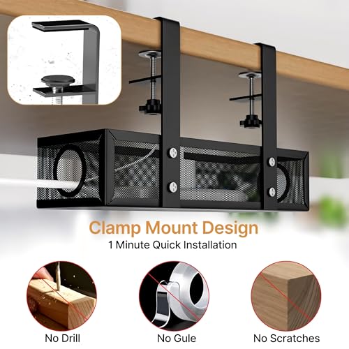 Image of Livzing Adjustable Under Desk Cable Organizer Rack - Metal Mesh Clamp-On Cable Organizer & Power Strip Holder for Home Office, Computer Desks - Office Cable & Wire Organizer Tray (Black, 35 cm)