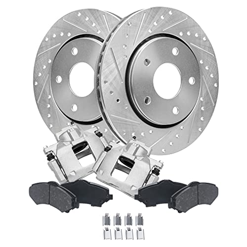 Image of Detroit Axle - Front Brake Kit for Chrysler Town & Country | Dodge Grand Caravan VW Routan Ram C /V, Drilled Brake Rotors Ceramic Brake Pads Brake Calipers Replacement 11.89 inch inch Rotor