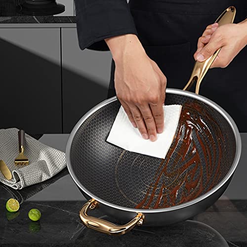 Padella wok antibatterica in acciaio inox, 34 cm, con coperchio, resistente ai graffi, struttura a nido d'ape per stufe elettriche e a induzione