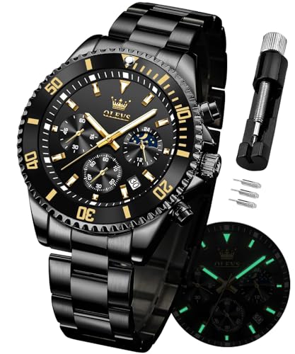 Image of OLEVS Watch for Men Stainless Steel Analog Quartz Chronograph Moon Phase Watch Waterproof Date Luminous Wrist Male Watches,Gift for Men