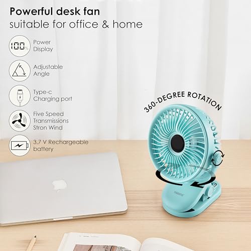 Gesto High Speed Rechargeable Clip-On Table Fan with Digital Display – 360° Moving USB Charging Fan for Home,Kitchen,Baby Stroller | 2000mAh Battery,5 Speed Modes,Portable Battery Operated Fan -Green - Image 7