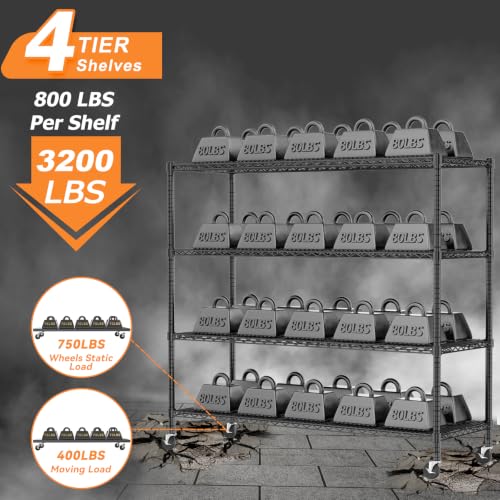 Image of ROOMTEC 4-Tier Rolling Garage Shelving, 60 inchL*24 inchW*72 inchH, Max Loads 3200LBS
