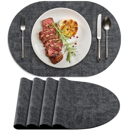 BARTHKIT Placemats for Dining Table Set of 4 Non-Slip, Heat Resistant Oval Leather Placemat Double Layer, Waterproof Table Mats Easy to Clean for Kitchen Dining Room Coffee Office Table, Charcoal by BARTHKIT - Used condition - US$18.11