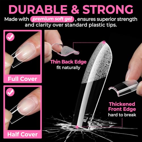 Image of UNA GELLA Sharp Square Nail Tips Medium Soft Gel Nail Tips 216pcs 12 Sizes Pre-Etched Half Matte Full Cover Press on Nails for Flat and Curved Nail Beds DIY Manicure Nail Extensions Home Salon