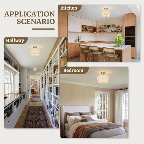 Image of Semi Flush Mount Ceiling Light Fixture,12.6'' Gold Light Fixtures Ceiling Mount, Modern Close to Ceiling Light with 2-Layer Linen Shade,Farmhouse Drum Ceiling Light for Bedroom Hallway Living Room