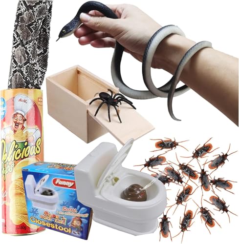 JIMITOP Prank Kit Funny Gag Gifts, Realistic Rubber Snakes Fake Roaches Surprise Spider Box for April Fools Day Halloween Party Decoration Adults Men