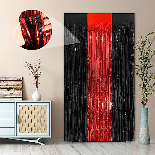 Image of Black Red Fringe Curtain Party Streamers 2Pack 3.3 x 8.3 Ft Foil Fringe Backdrop Curtains for Birthday Wedding Bridal Baby Shower Holiday Tinsel Streamers Black Party Decorations Door Streamers