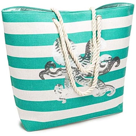 inOne Octopus Beach Bag, 21.6" Large Tote Bag Heavy Duty Handbag with Rope Handles and Sequin Octopus Cover