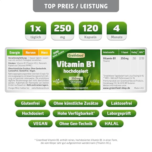 Vitamin B1, hochdosiert, 250mg - 120 Kapseln, vegan. Vitamin B 1 (Thiamin) - wichtig für Nervensystem und Energie. OHNE künstliche Zusätze - laborgeprüft. Von Greenfood.