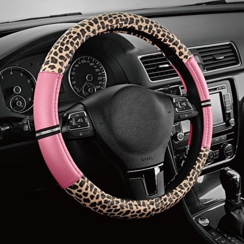 Road Comforts Leopard Steering Wheel Cover - Made with PVC Leather Cheetah Print - Anti-Slip, Universal Fit 14 1/2 inches to 15 inches - Pink