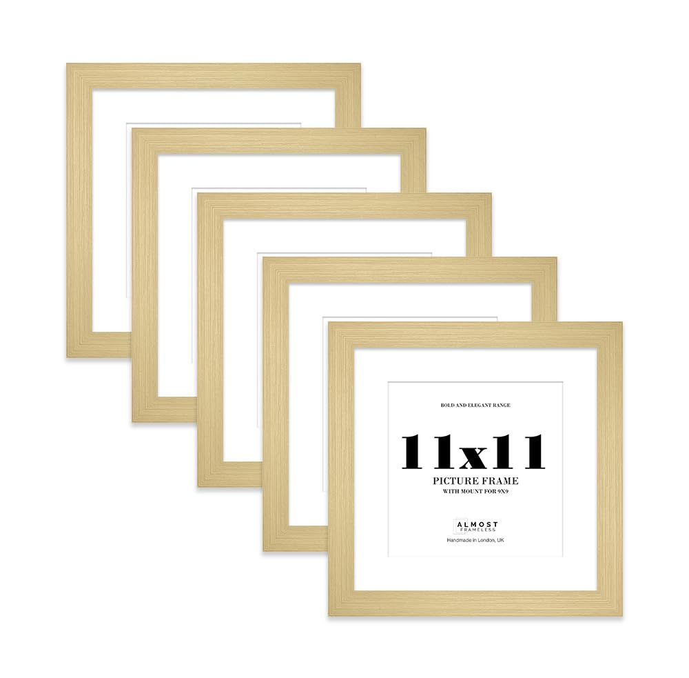 11x11" Gold Square Frame With Mount for 9x9" Pictures 28mm Edge Frame Display with Wall Hooks and Kickstand, 5 Pack