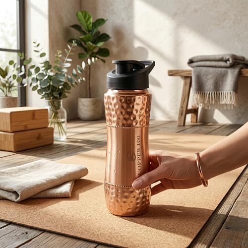 Image of VIRGIN Foodgrade 99.9% Pure Copper Water Bottle- Leakproof, Joint Free, No Lead, BPA-Free - Ayurvedic Health Benefits- Made in India - Spout Mouth (NO Straw) Hammered Glossy Finish (950 mL)