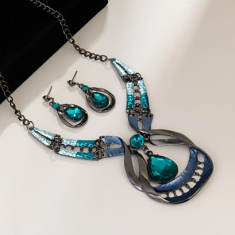 Necklace And Earring Sets For Women, Chunky Long Necklaces With Blue Cubic Zirconia Pendant Butterfly Boho Jewelry Gift - Image 3