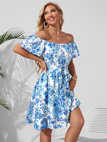 Image of Off Shoulder Ruffle Dress for Women, A-Line Mini Dress with Belt, Fitted Bust Summer Wedding Guest Dress