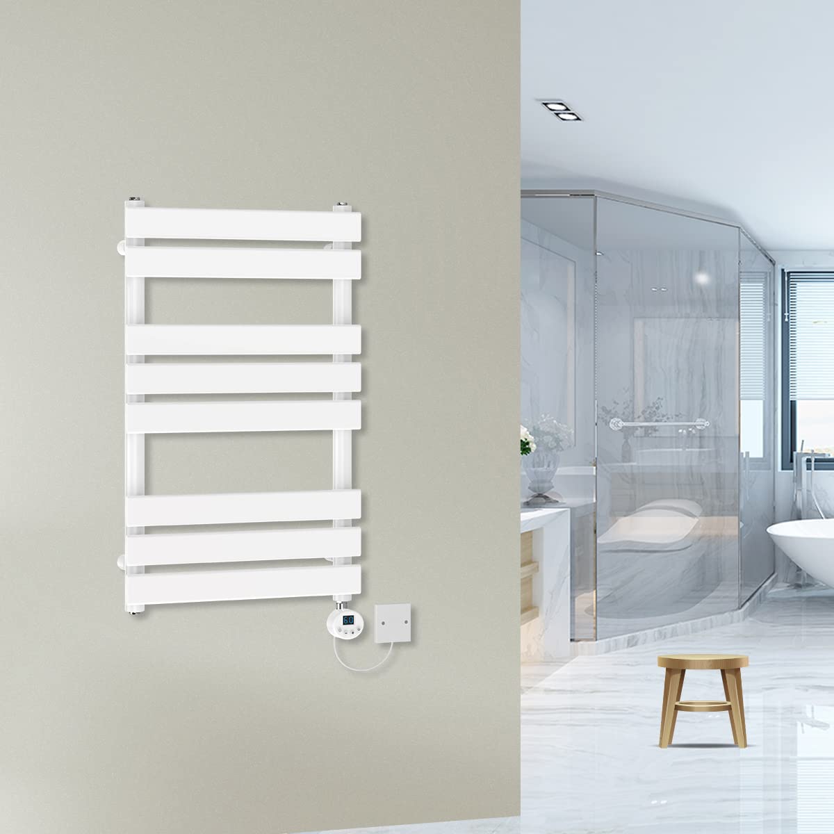 Warmehaus White Prefilled 800X500mm Flat Panel Electric Heated Towel Rail Thermostatic Bathroom Radiator 400W