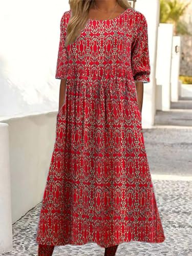 Women's Boho Floral Flowy A Line Midi Dress Loose Summer Casual Short Sleeve Beach Vacation Dresses with Pockets2