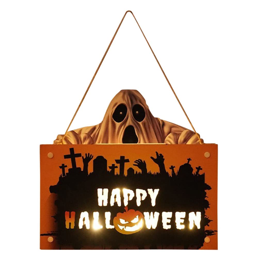 Happy Halloween Hanging Signs,LED Night Ambient Light Wall Crafts Decoration,Halloween Themed Wooden Door Hanging Decor for Gardens Terraces Porches
