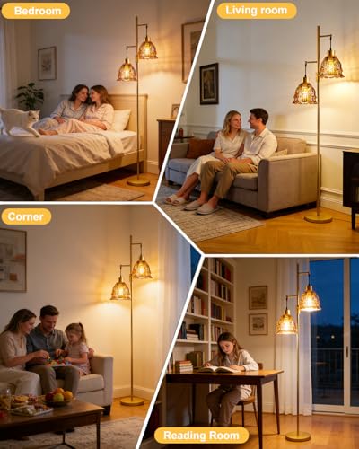 Image of Lightdot Glass Floor Lamp 2-Light Amber Flower Dimmable Gold Floor Lamps
